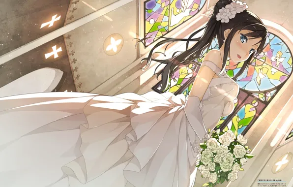 Picture stained glass, the bride, veil, wedding dress, the bride's bouquet, the Church, Prince of hentai …