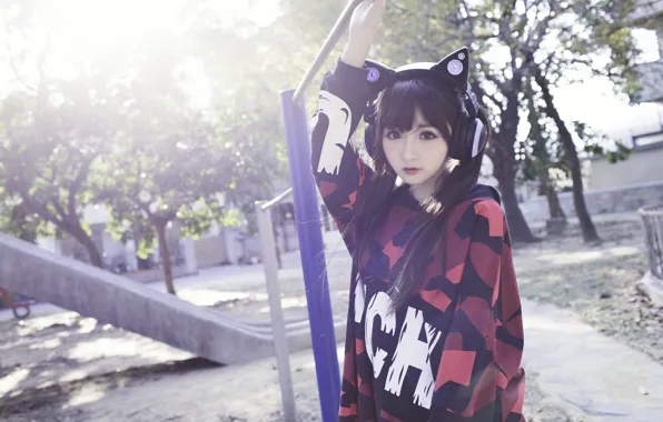 Picture girl, music, headphones, Asian, look