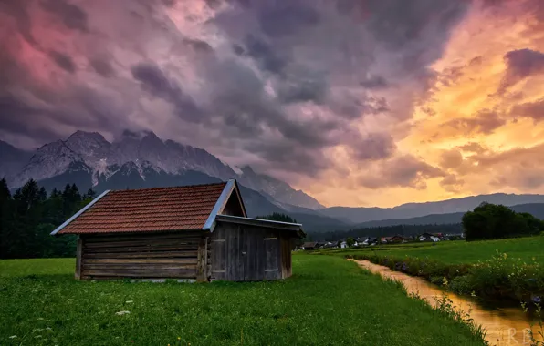 Picture the storm, landscape, mountains, clouds, nature, stream, home, Germany, Bayern, Alps, meadows, municipality, Grainau