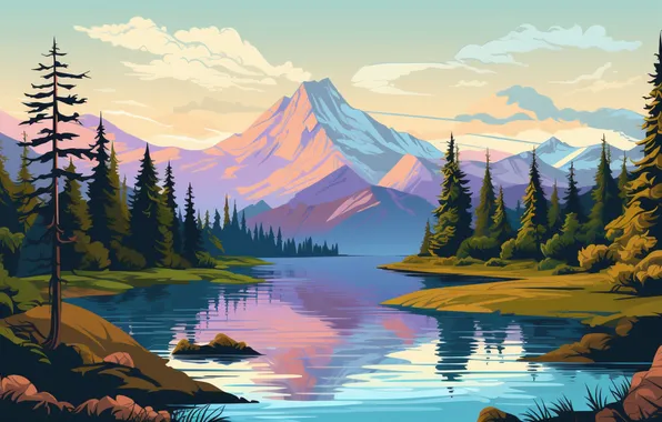Forest, the sky, clouds, landscape, mountains, reflection, shore, graphics