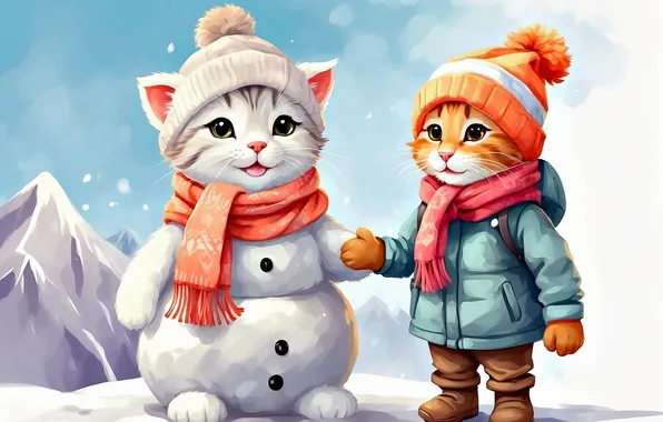 Winter, cat, white, snow, cats, mountains, kitty, hat
