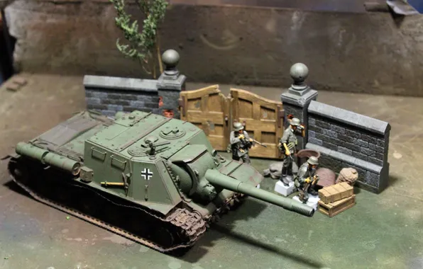 Picture toy, installation, soldiers, ISU-152, model, self-propelled artillery, heavy, troops