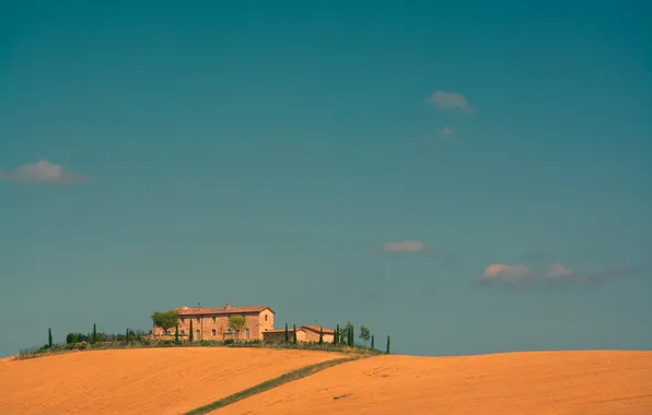 Field, the sky, trees, house, Italy, farm, Tuscany