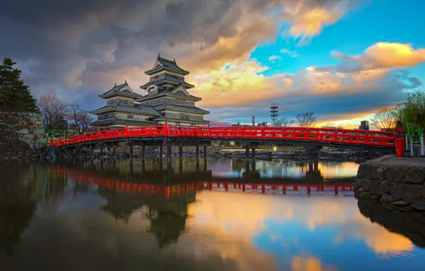 Clouds, landscape, bridge, pond, reflection, Japan, Matsumoto castle, Matsumoto castle