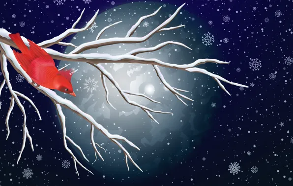 Winter, Minimalism, Bird, Snow, The moon, Branch, Snowflakes, Background