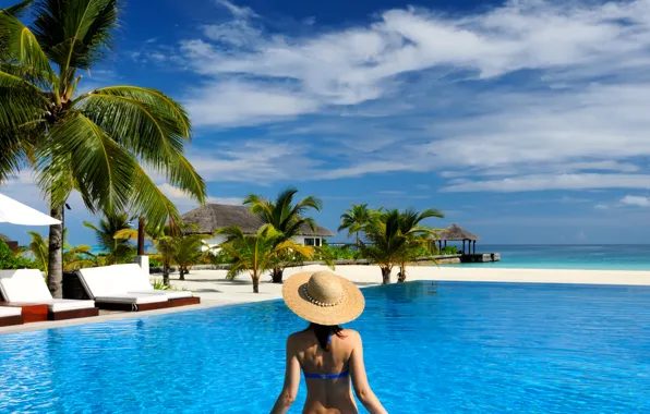 Sea, swimsuit, the sky, girl, clouds, tropics, palm trees, wet