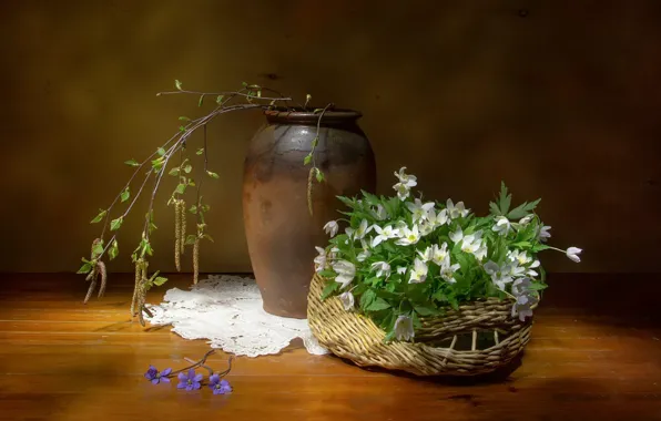 Flowers, bouquet, birch, still life, anemone