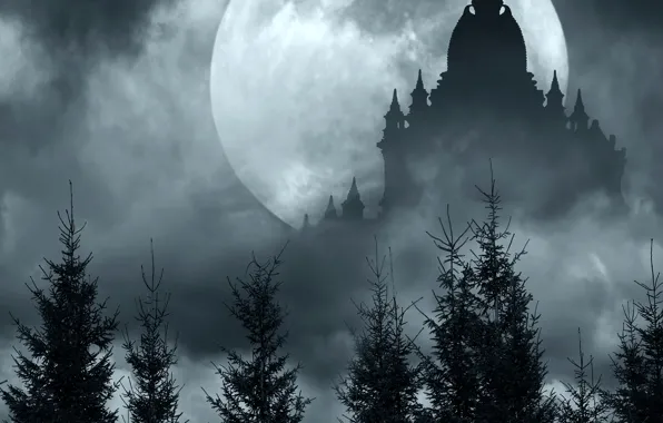 The sky, grass, clouds, trees, night, fog, castle, the moon