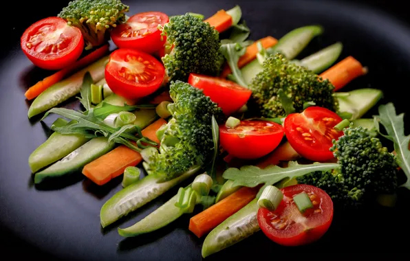 Vegetables, tomatoes, cucumbers, broccoli