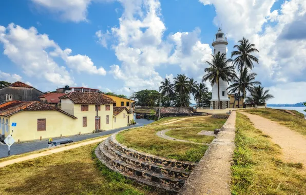 Picture the sky, the sun, clouds, tropics, palm trees, lighthouse, Sri Lanka, Galle fort