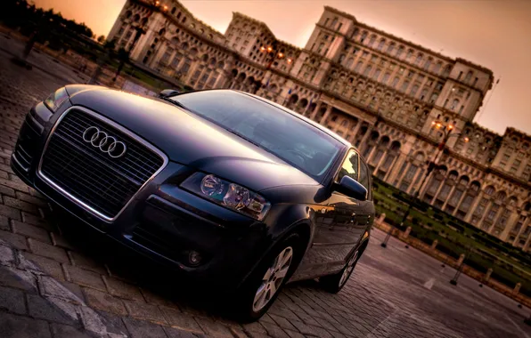 Building, the evening, cars
