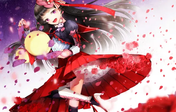 The sky, girl, stars, flowers, toy, roses, anime, petals