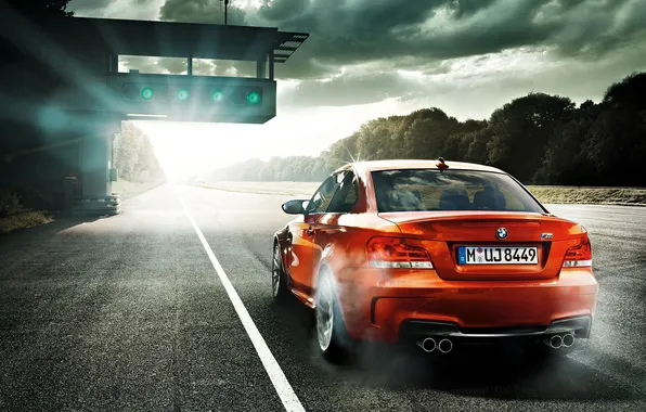 Picture road, the sun, clouds, trees, orange, strip, coupe, BMW