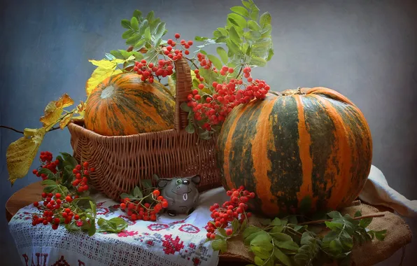 Picture autumn, pumpkin, still life, vegetables, Rowan, figure, mouse