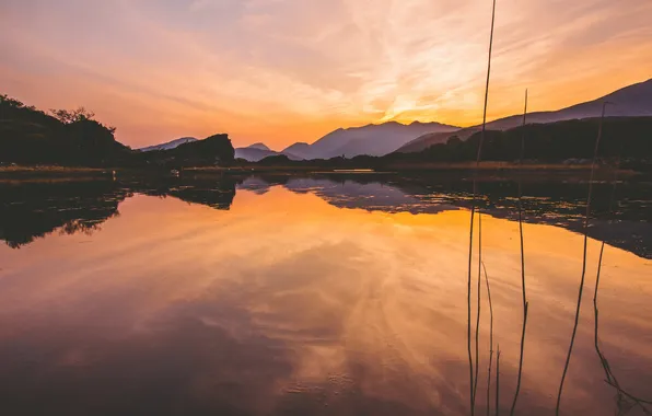 Sunset, lake, reflection, hills, mirror