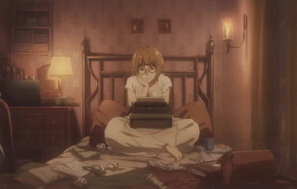 Picture glasses, typewriter, pajamas, on the bed, chest, in the room, table lamp, Violet Evergarden
