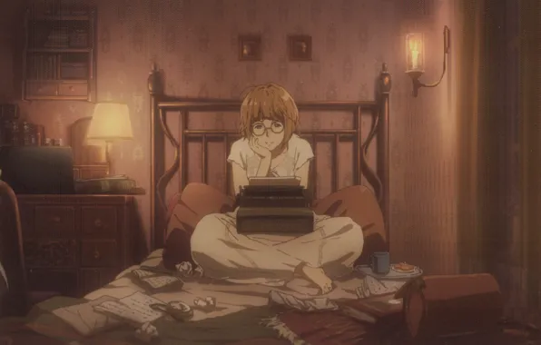 Erica Borwn, in the room, chest, pajamas, on the bed, typewriter, Violet Evergarden, table lamp