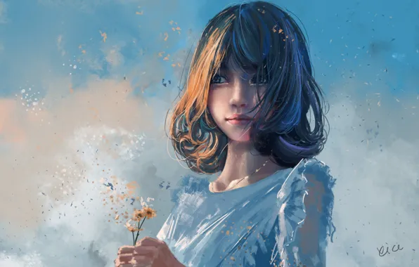 Picture haircut, petals, white dress, blue sky, bangs, in the hands, portrait of a girl, wild …