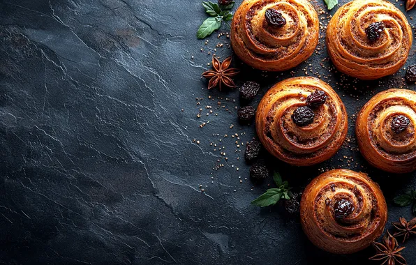 The dark background, spiral, bread, buns, raisins, Mac, Anis, dried fruits