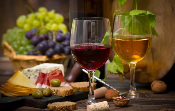 Wine, red, white, basket, cheese, glasses, grapes, nuts