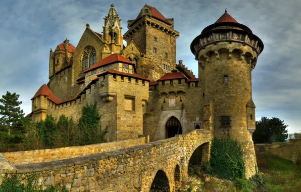 Picture the sky, clouds, trees, bridge, Austria, medieval architecture, Kreuzenstein Castle