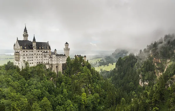 Forest, the sky, mountains, clouds, castle, overcast, rocks, view