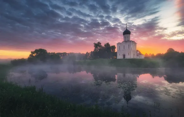 Picture summer, grass, trees, landscape, nature, fog, reflection, river