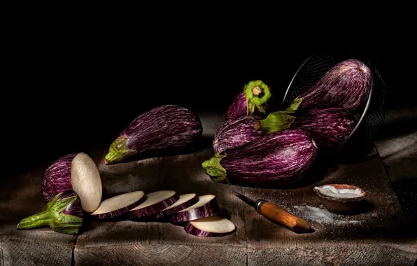 Board, food, eggplant, knife, black background, still life, vegetables, circles