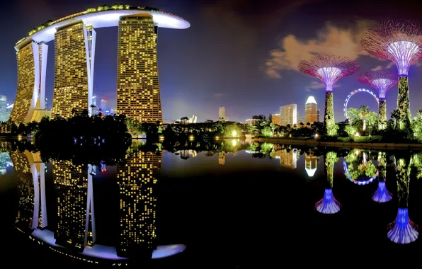 Picture lights, skyline, water, Night, view, Singapore, buildings, skyscrapers