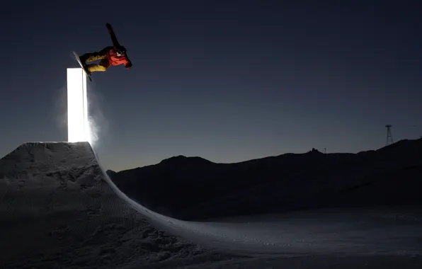 Picture light, night, snowboard, snowboard, jump