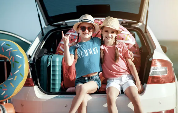 Picture Smile, Children, Two, Car, Girls, Car, Travel, Travel