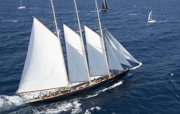 Sea, team, sails, the crew, mast, course, under sail, Three - masted schooner Atlantic