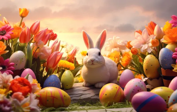Look, light, flowers, nature, holiday, glade, hare, eggs