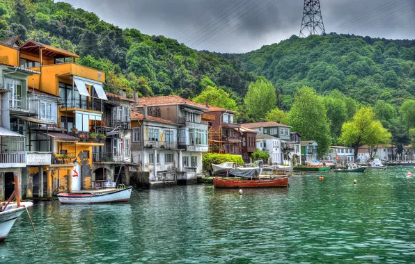 Sea, the sky, trees, home, slope, Istanbul, Turkey, Istanbul