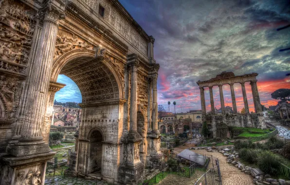 The sky, clouds, Rome, Italy, arch, columns, ruins, Forum