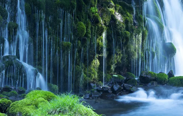 Stones, waterfall, moss, stream