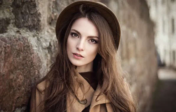 Picture look, girl, style, wall, sweetheart, portrait, hat, brown hair