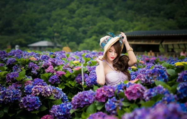 Picture girl, flowers, Asian, cutie