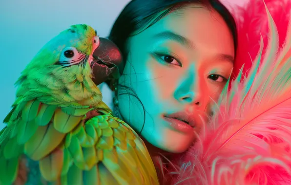 Look, girl, pose, green, bird, portrait, feathers, brunette