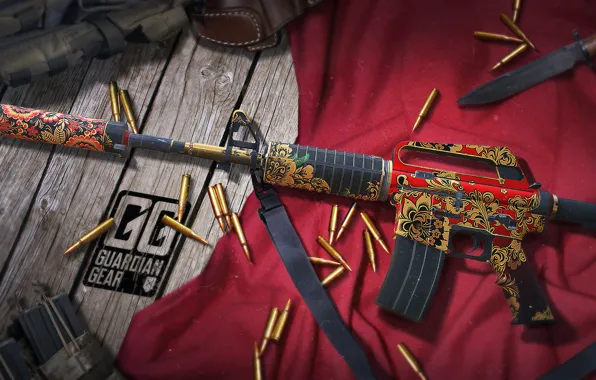 Rendering, table, knife, cartridges, shop, holster, red cloth, workshop