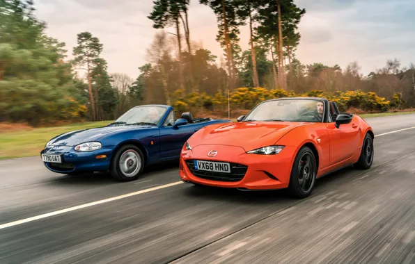 Orange, blue, Mazda, MX-5, roadsters, fourth generation (ND), the second generation (NB)