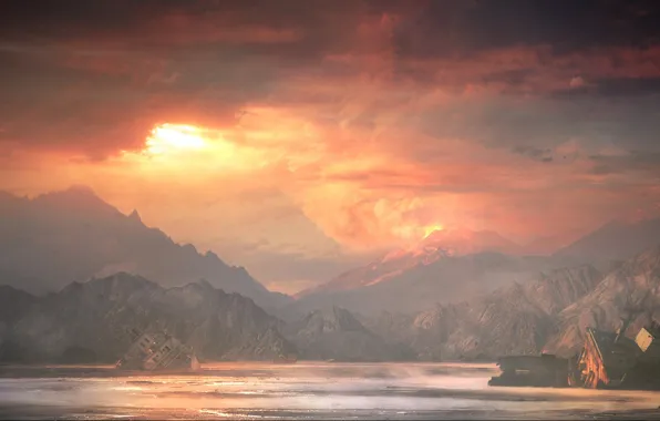 Sunset, The sun, Mountains, The volcano, Court, Light, The ship, Landscape