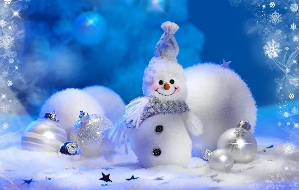 Winter, balls, snowflakes, holiday, toys, tree, new year, snowman