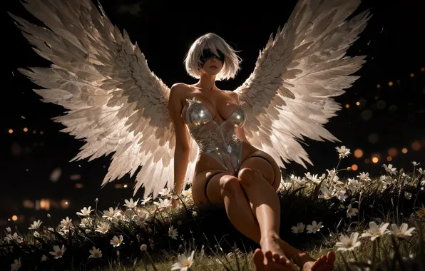 Flowers, robot, chamomile, wings, blonde, white hair, digital art, digital art