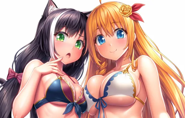Sexy, cleavage, green eyes, long hair, girls, boobs, animal ears, anime