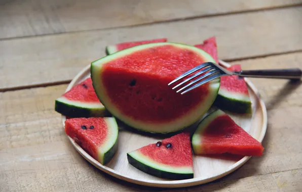 Table, Board, watermelon, pieces, plug, slices, tray