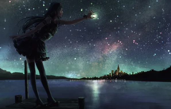 Picture the sky, girl, stars, night, the city, lake, the moon, anime