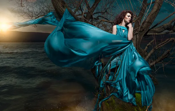 Picture water, girl, river, tree, the evening, dress, Daniel Ilinca