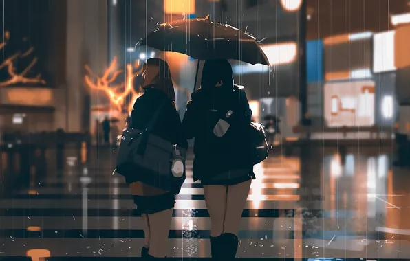 Picture rain, street, the evening, Japan, lights, bag, Schoolgirls, wet asphalt