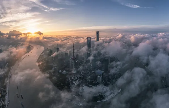 The sky, clouds, the city, fog, river, dawn, building, height